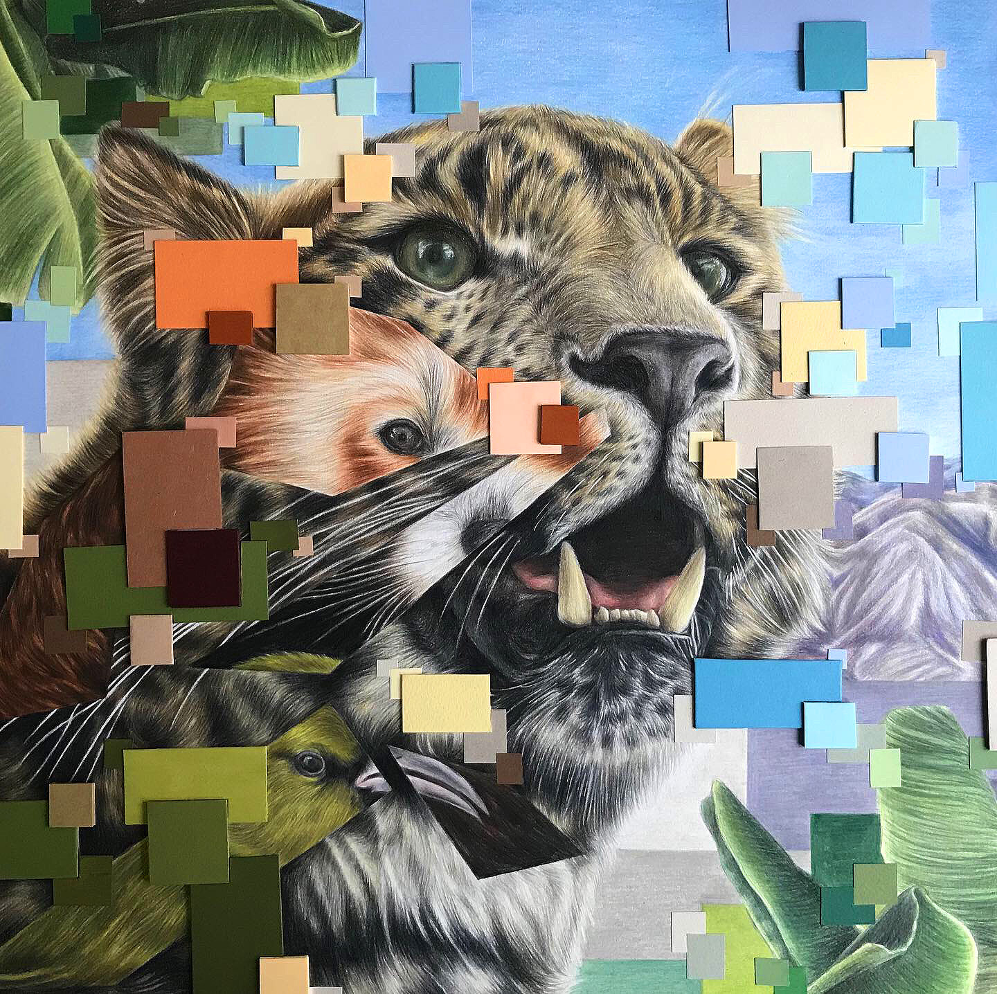 Evolution final piece. Coloured pencil drawing of leopard face with red panda, tropical Amakihi bird and layered 3D pixels collaged into face.