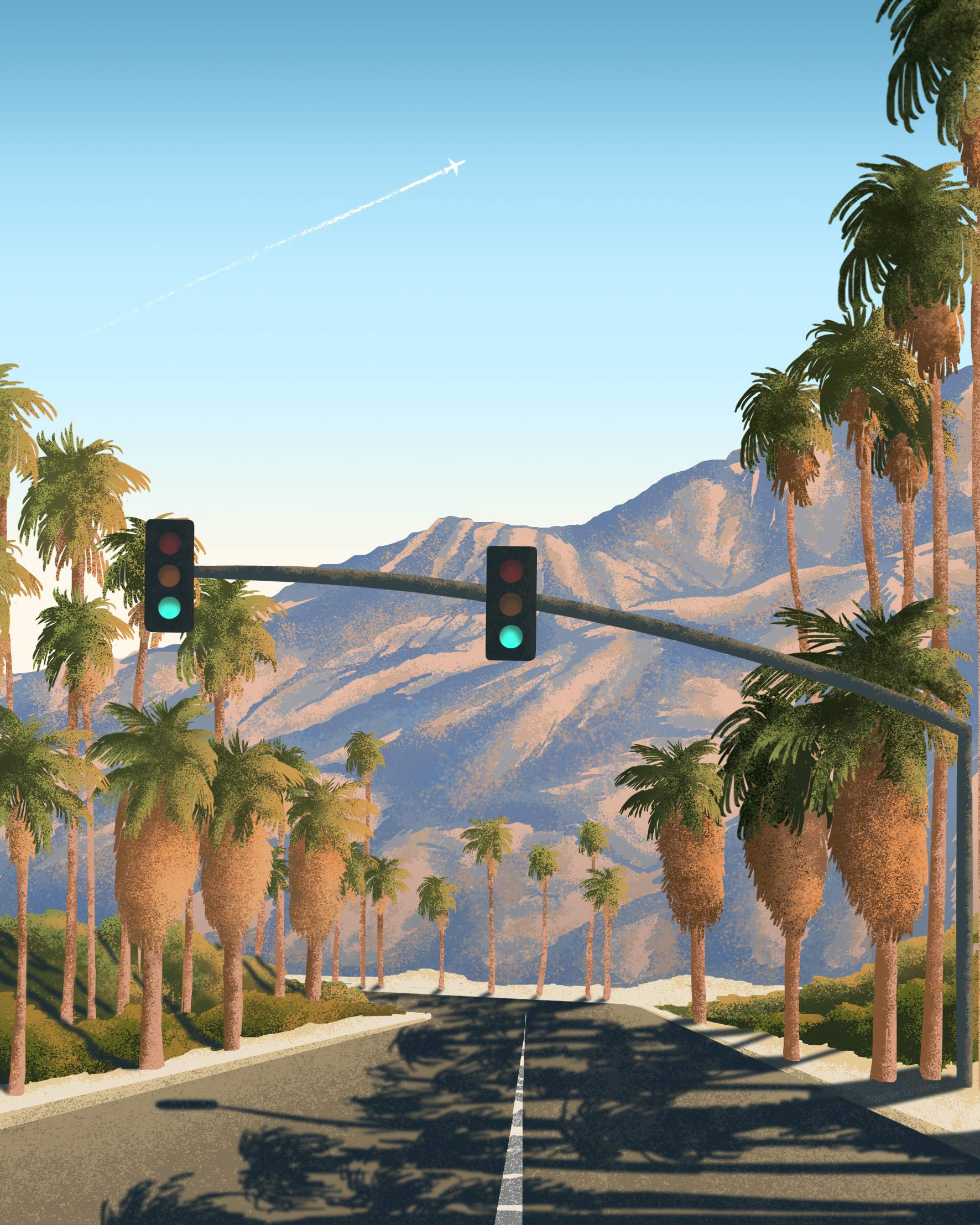 A palm tree-lined desert highway at golden hour, with green traffic lights hanging overhead and a mountain in the background 