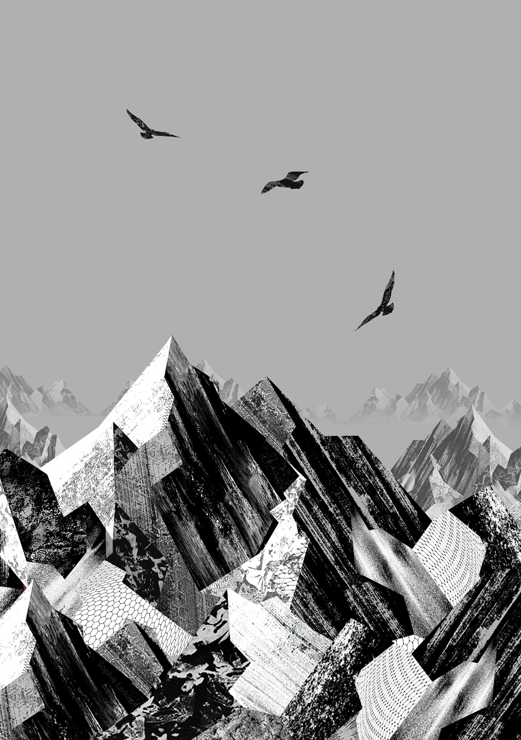Mountains of detritus from the city forming jagged mountain peaks with eagles soaring around them in black and white and harsh grain and paint textures