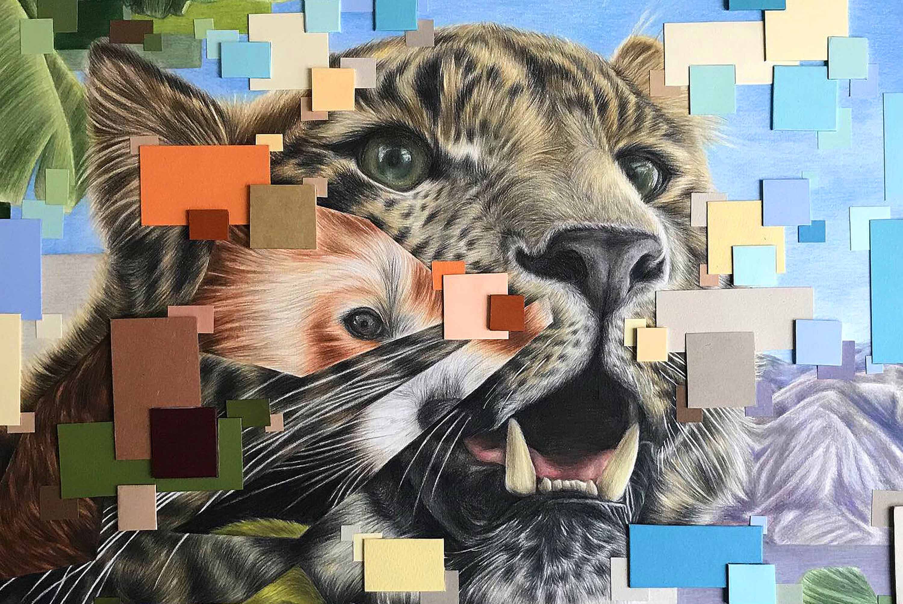 Evolution final piece. Coloured pencil drawing of leopard face with red panda, tropical Amakihi bird and layered 3D pixels collaged into face