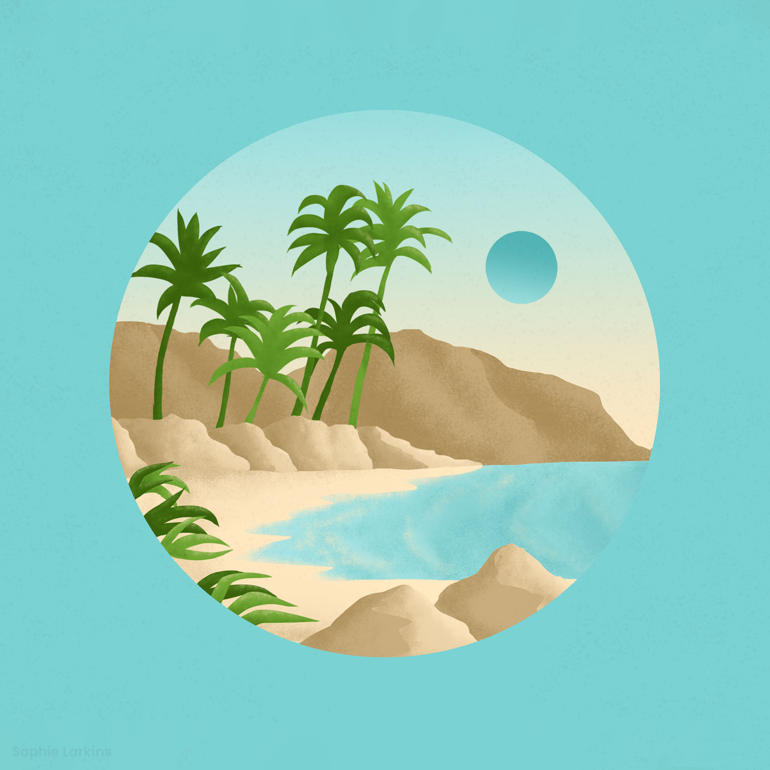 Tranquil Hawaiian beach with palm trees blowing in the wind, large rocks lining the beach and the teal-green sun setting in the background, in pastel teal green, cream, light brown and leaf green