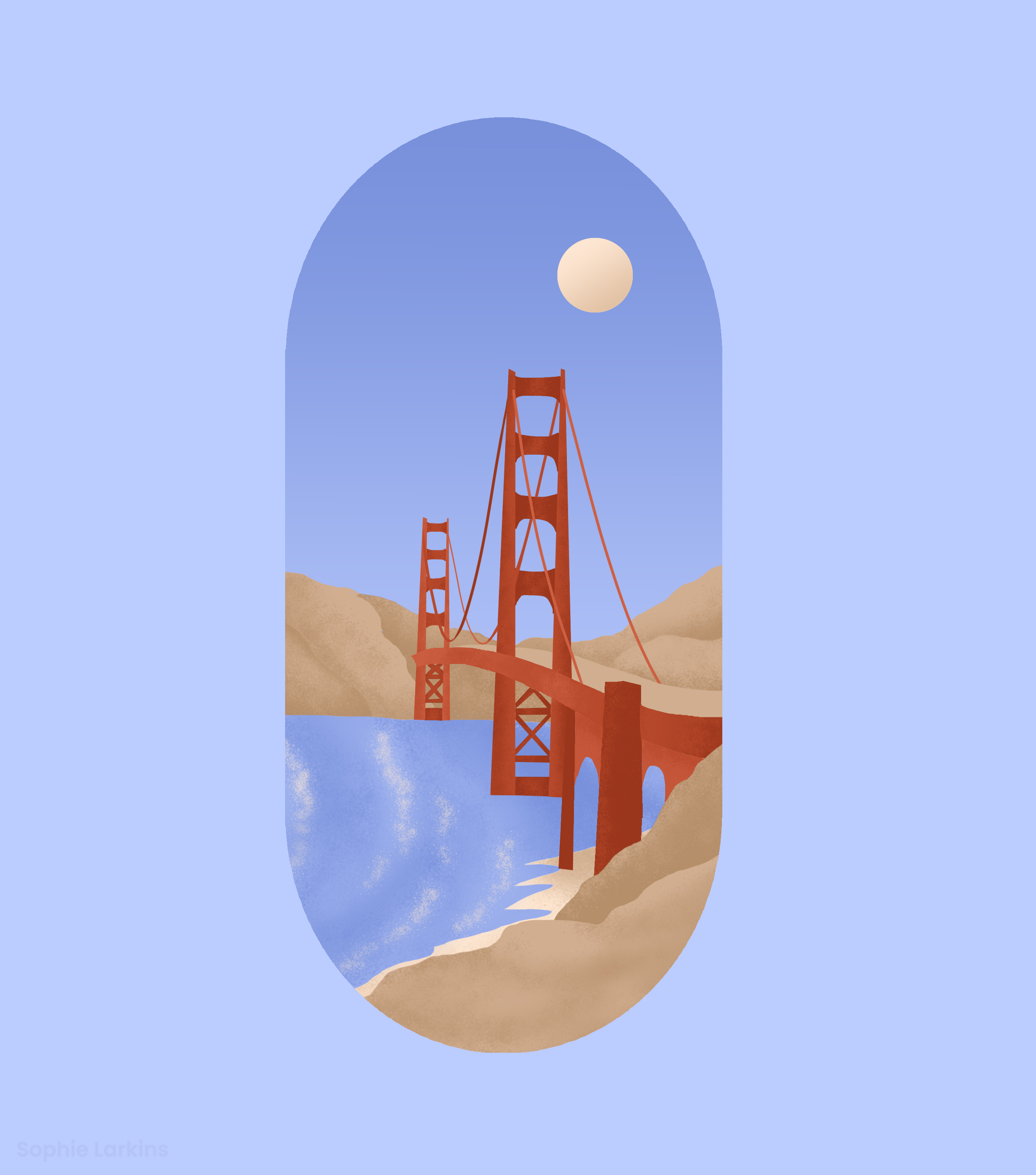 San Francisco's Golden Gate Bridge and surrounding hills in pastel blue, rusty red and cream colours