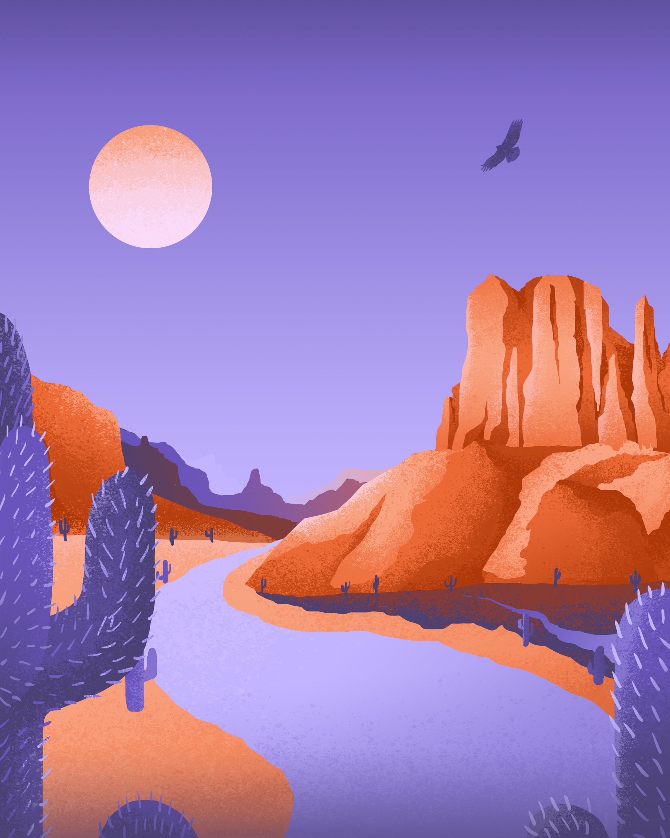 A Wild West desert landscape at sunset with Saguaro cacti, a swooping Eagle, orange rock formations, a purple sky and a yellow sun